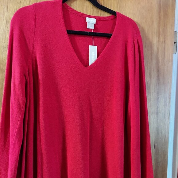 NWOT Chico's V Neck Tunic Length Sweater in Red w/ Bell Sleeves size 2 (12/14) - Picture 1 of 1